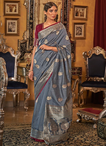 Gorgeous Grey Color Tussar Silk Wedding Saree